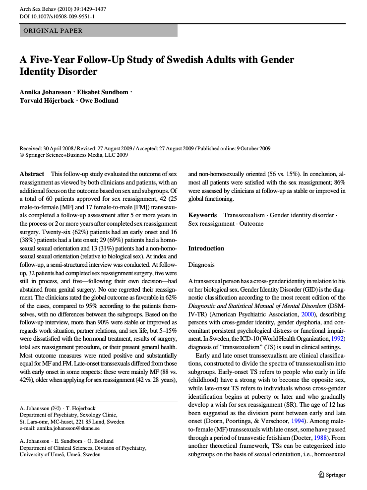 A Five-Year Follow-Up Study of Swedish Adults with Gender Identity Disorder Kjønnsdysfori