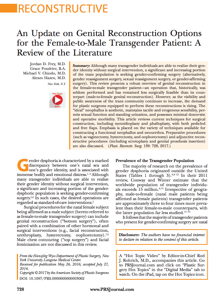 An Update on Genital Reconstruction Options for the Female-to-Male Transgender Patient- A Review of the Literature
