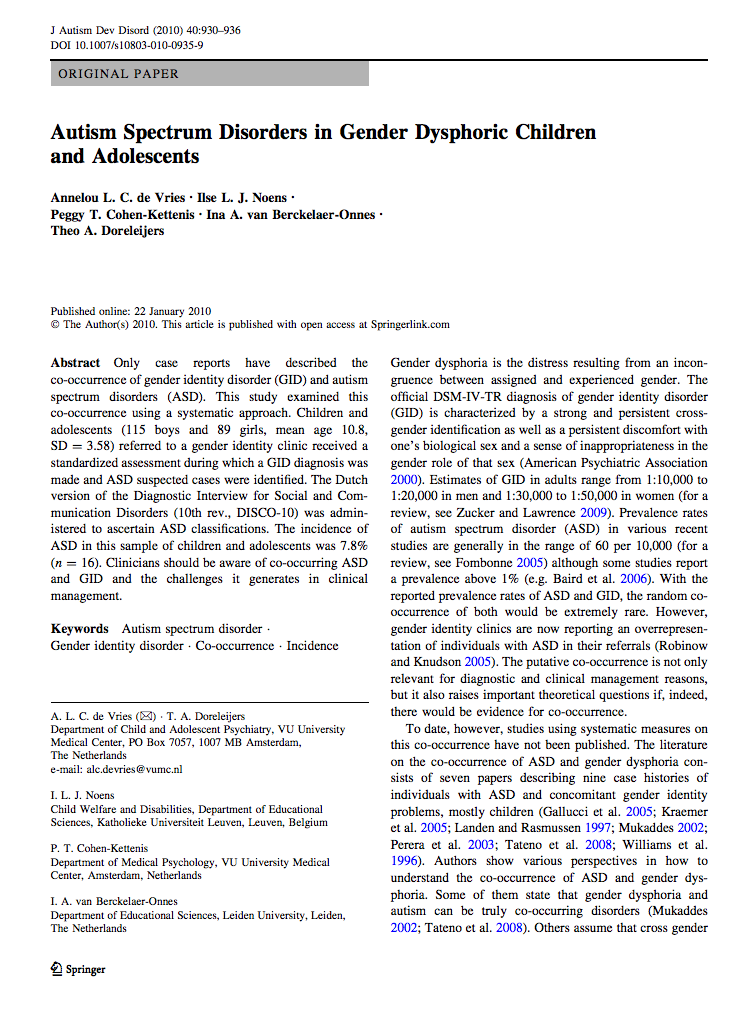 Autism Spectrum Disorders in Gender Dysphoric Childrenand Adolescents