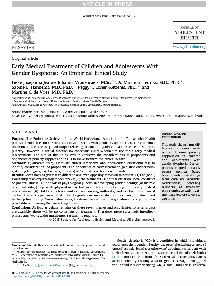 Early Medical Treatment of Children and Adolescents WithGender Dysphoria_ An Empirical Ethical Study