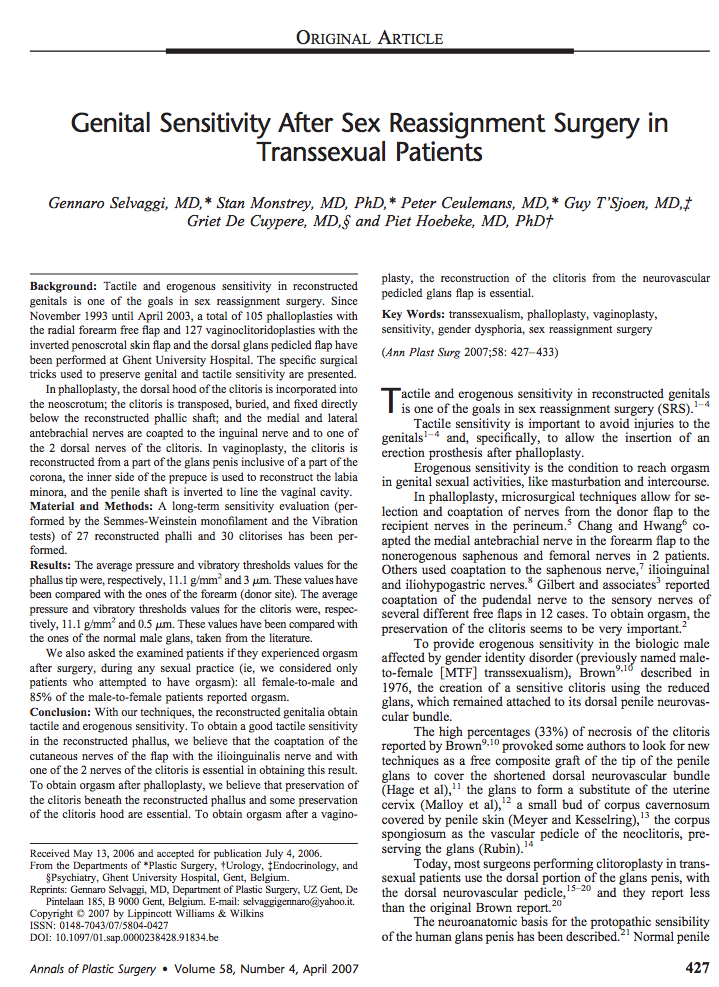 Genital Sensitivity After Sex Reassignment Surgery inTranssexual Patients