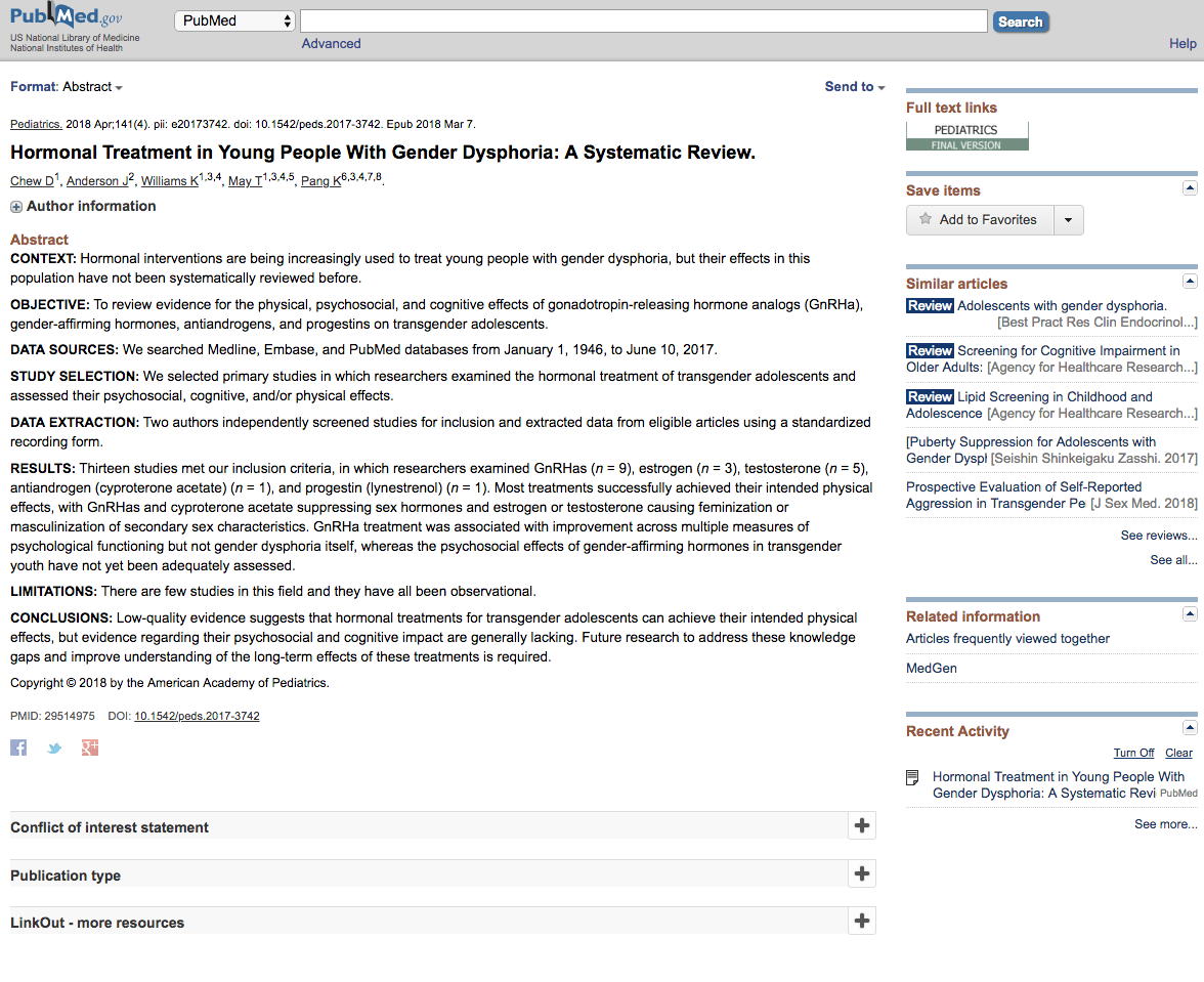 Hormonal Treatment in Young People With Gender Dysphoria- A Systematic Review.