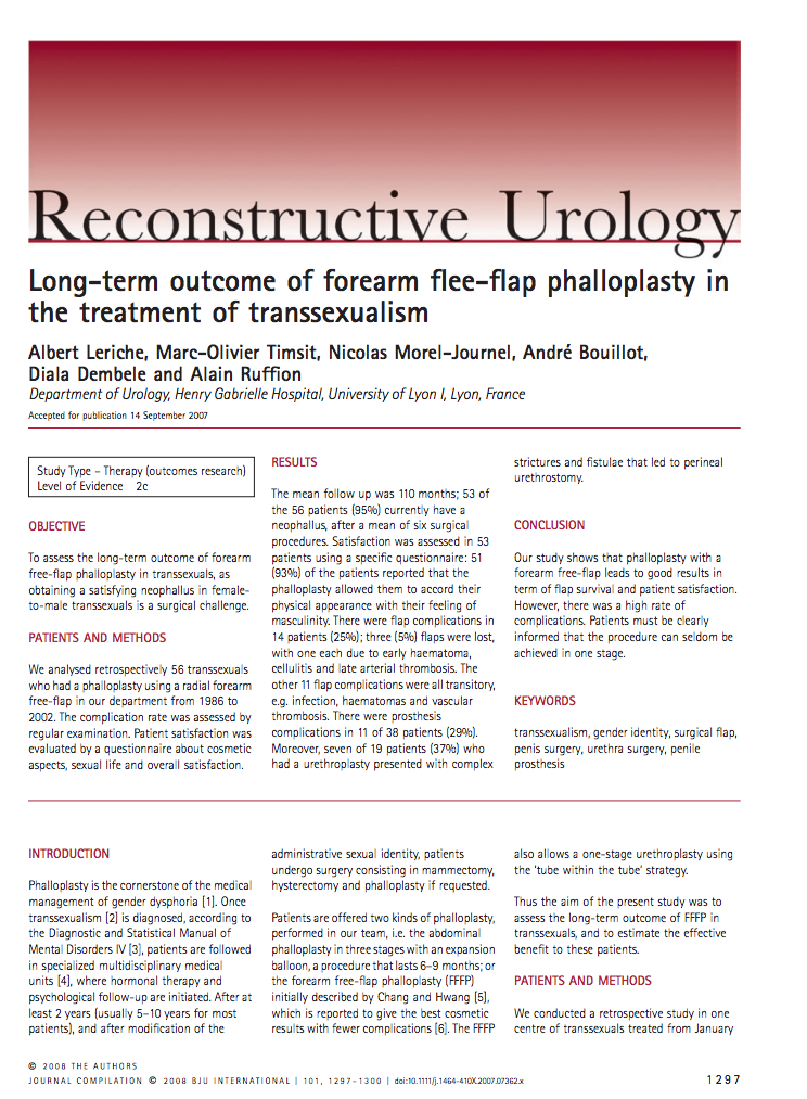 Long-term outcome of forearm flee-flap phalloplasty inthe treatment of transsexualism