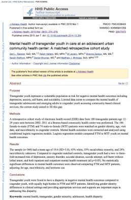 Mental health of transgender youth in care at an adolescent urban community health center_ A matched retrospective cohort study