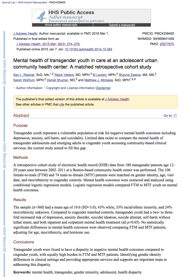 Mental health of transgender youth in care at an adolescent urban community health center_ A matched retrospective cohort study