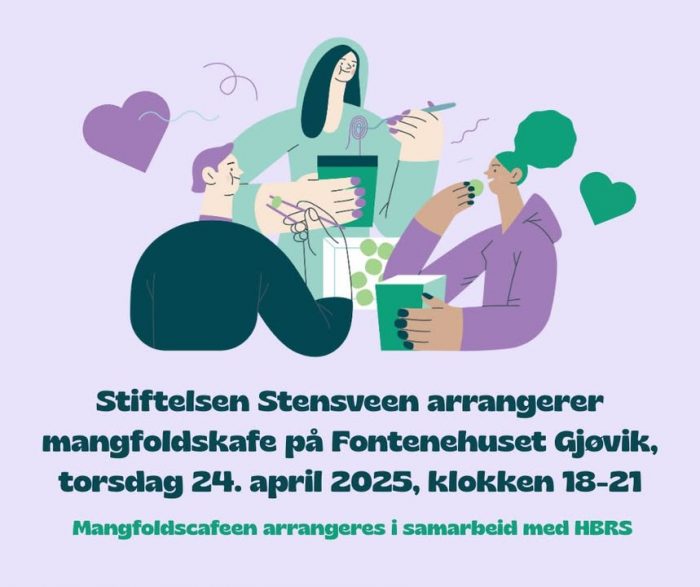 Mangfoldskafeen er på Fontenehuset Gjøvik, (Strandgata 38, Gjøvik).
Vi serverer kaffe, vafler og godt selskap. Dette er en uformell møteplass for alle mangfoldsmennesker 💜
Ta gjerne med venner og kjente.
NB! Fontenehuset ligger bare 3 minutters gange fra Gjøvik stasjon/Skysstasjon. Kommer du med bil er det parkering rett utenfor bygget.
https://stensveen.no/arrangementer-17097s.html